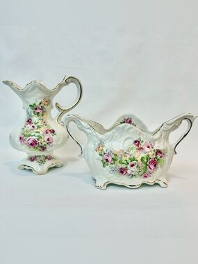 Vintage Crown Dorset Staffordshire England Floral Creamer & Sugar Bowl Set